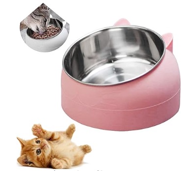 Gamelle chat inclinée avec bol en acier inoxydable et support en forme d'oreilles de chat pour nourriture et eau