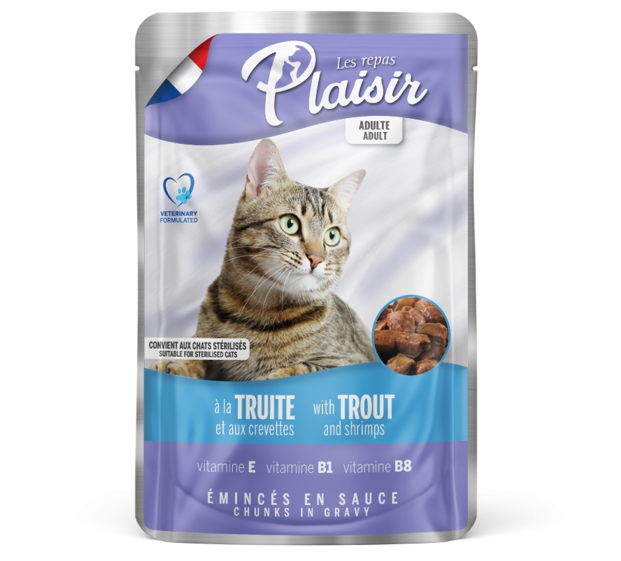 Plaisir Émincés à la Truite et aux Crevettes pour Chat Adulte & Stérilisé 100 g