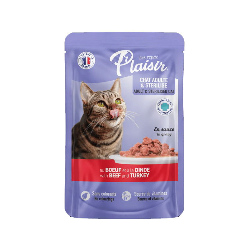 Plaisir Émincés en Sauce au Bœuf et à la Dinde pour Chat Adulte et Stérilisé 100 g