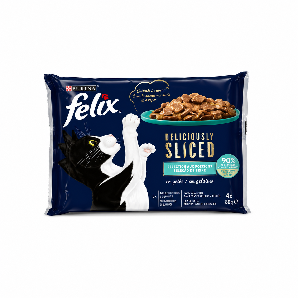 Felix Deliciously Sliced Sélection de Poissons en Gelée 4x80g pour chat adulte