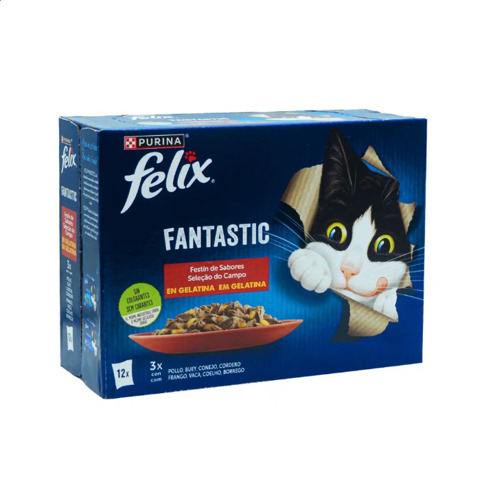 Purina Felix Fantastic Festin de Saveurs de la Campagne en Gelée pour Chat 12 x 85 g – Poulet, Bœuf, Lapin et Agneau