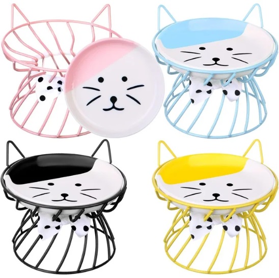 Gamelle de nourriture et d'eau pour chat en céramique avec support métallique surélevé