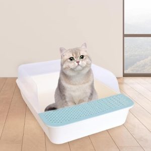 Bac à Litière Ouverte pour Chat Blanc et Bleu