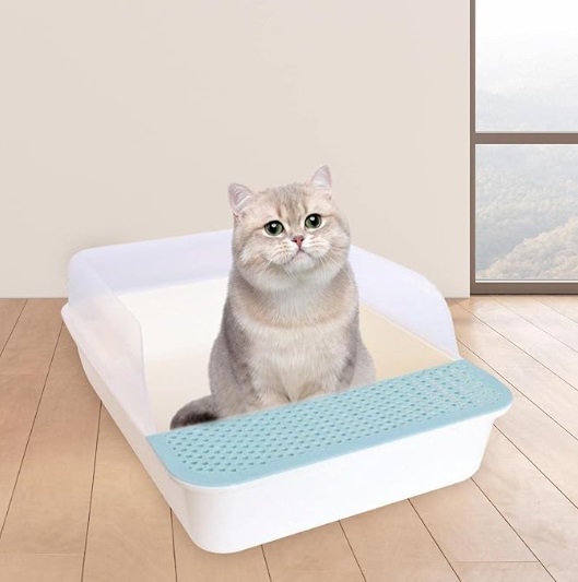 Bac à Litière Ouverte pour Chat Blanc et Bleu