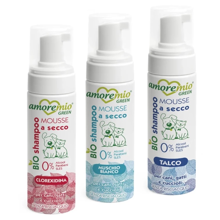 Amoremio Green Shampoing Sec Bio 200 ml pour Chien et Chat – 3 Parfums