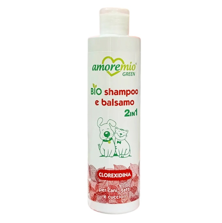 Amoremio Green Bio Shampooing & Baume 2 en 1 200 ml pour Chien et Chat – Clorexidina et Talco