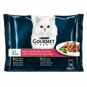 Purina Gourmet Perle Mini Filets en Gelée pour Chat 4 x 85 g – Dinde, Canard, Gibier & Truite