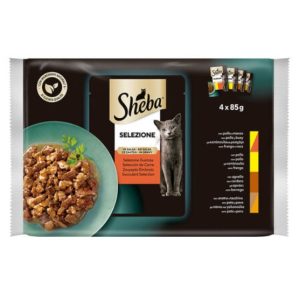 Sheba Selezione Succulent Selection en Sauce pour Chat 4 x 85 g – Poulet, Poulet et Dinde, Agneau et Bœuf, Canard et Dinde