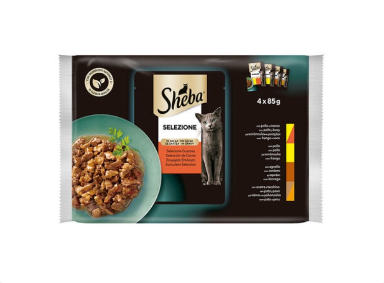 Sheba Selezione Succulent Selection en Sauce pour Chat 4 x 85 g – Poulet, Poulet et Dinde, Agneau et Bœuf, Canard et Dinde