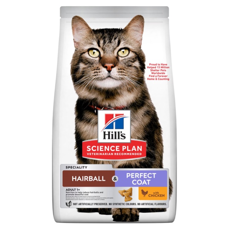 Hill's Science Plan Hairball & Perfect Coat Croquettes pour Chat Adulte au Poulet 1.5 kg 7 kg